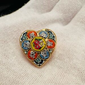 Micro Mosaic Vintage Heart-Shaped Multicolor Brooch Made in Italy